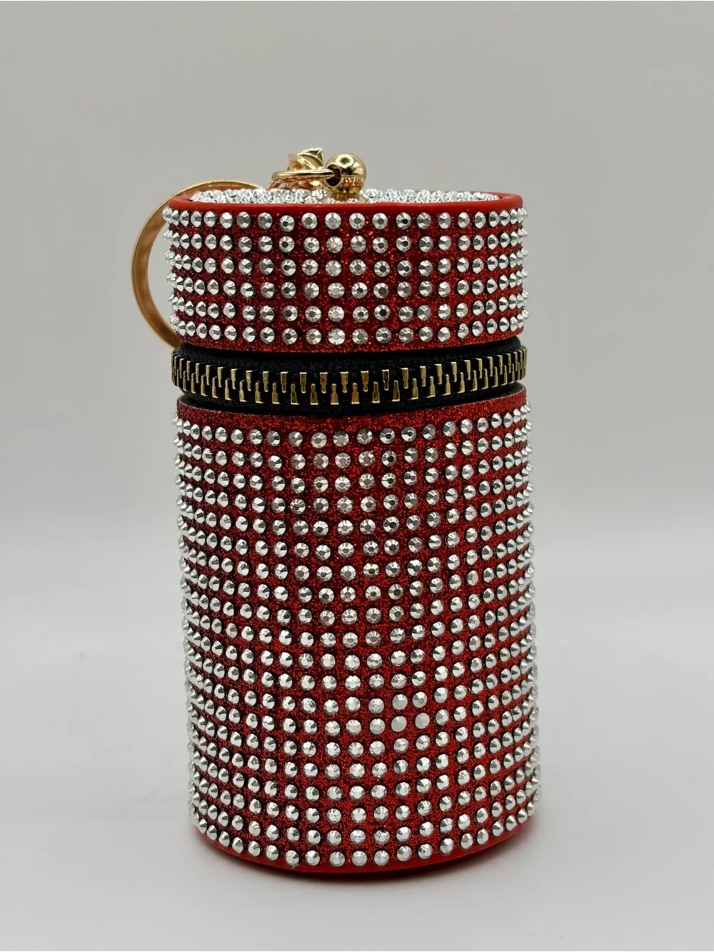 Red Rhinestone Studded Keychain Cylinder Pouch